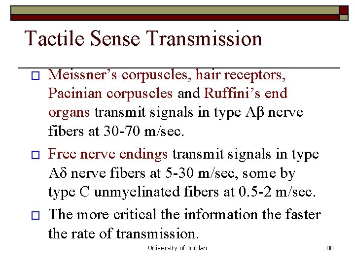 Tactile Sense Transmission � � � Meissner’s corpuscles, hair receptors, Pacinian corpuscles and Ruffini’s Tactile Sense Transmission � � � Meissner’s corpuscles, hair receptors, Pacinian corpuscles and Ruffini’s