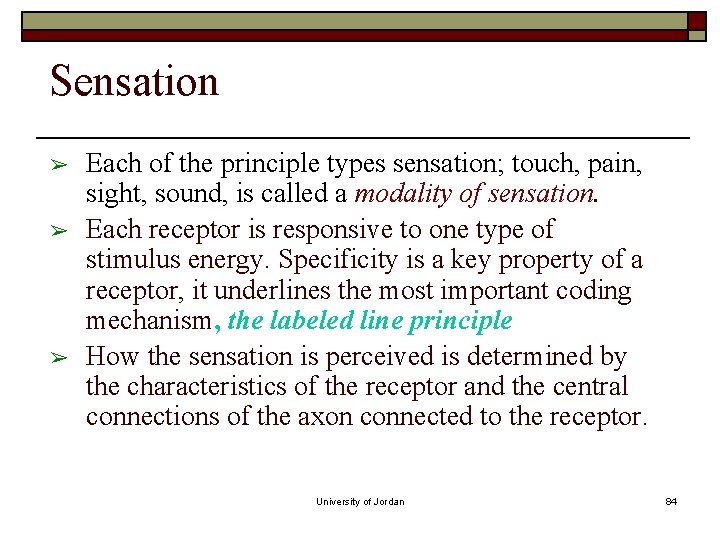 Sensation ➢ ➢ ➢ Each of the principle types sensation; touch, pain, sight, sound, Sensation ➢ ➢ ➢ Each of the principle types sensation; touch, pain, sight, sound,