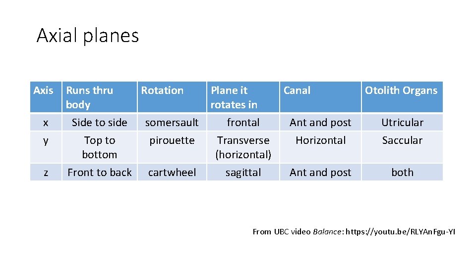 Axial planes Axis Runs thru body Rotation Plane it rotates in Canal Otolith Organs