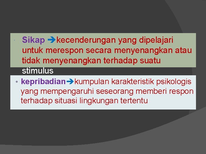  Sikap kecenderungan yang dipelajari untuk merespon secara menyenangkan atau tidak menyenangkan terhadap suatu