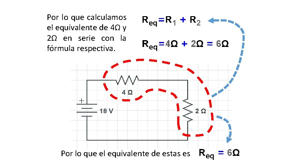Por lo que calculamos el equivalente de 4Ω y 2Ω en serie con la Por lo que calculamos el equivalente de 4Ω y 2Ω en serie con la