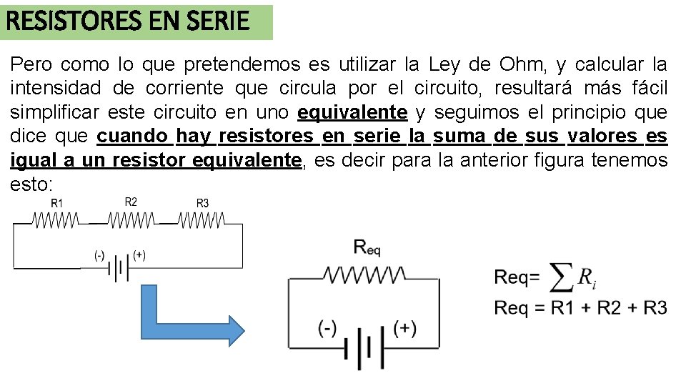 RESISTORES EN SERIE Pero como lo que pretendemos es utilizar la Ley de Ohm,