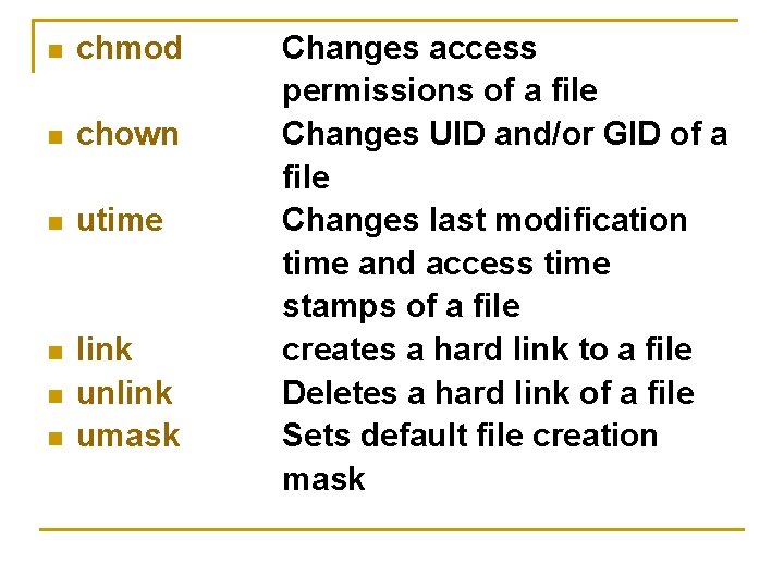 n chmod n chown n utime n link unlink umask n n Changes access n chmod n chown n utime n link unlink umask n n Changes access