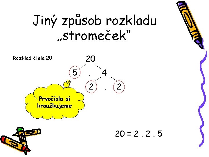 Jiný způsob rozkladu „stromeček“ 20 Rozklad čísla 20 5 . 4 2 . 2
