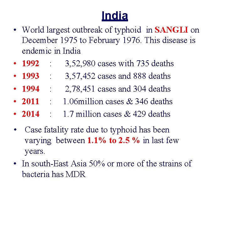 India • World largest outbreak of typhoid in SANGLI on December 1975 to February
