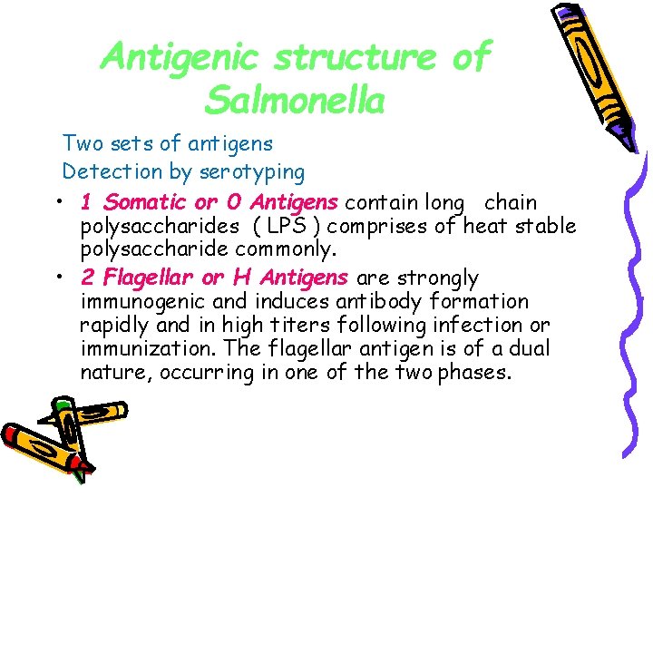 Antigenic structure of Salmonella Two sets of antigens Detection by serotyping • 1 Somatic