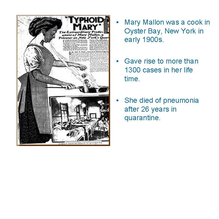  • Mary Mallon was a cook in Oyster Bay, New York in early