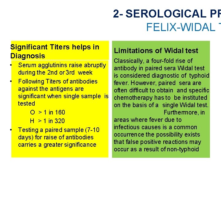 2 - SEROLOGICAL PR FELIX-WIDAL T Significant Titers helps in Diagnosis • Serum agglutinins