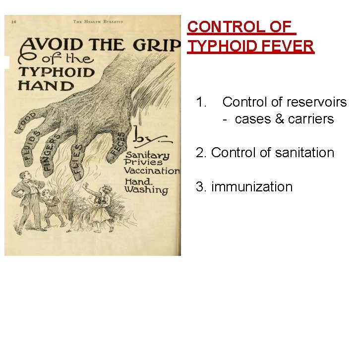 CONTROL OF TYPHOID FEVER 1. Control of reservoirs - cases & carriers 2. Control