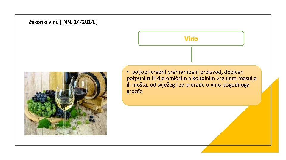 Zakon o vinu ( NN, 14/2014. ) Vino • poljoprivredni prehrambeni proizvod, dobiven potpunim