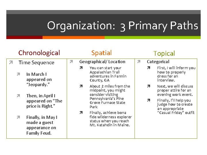 Organization: 3 Primary Paths Chronological Time Sequence In March I appeared on “Jeopardy. ”