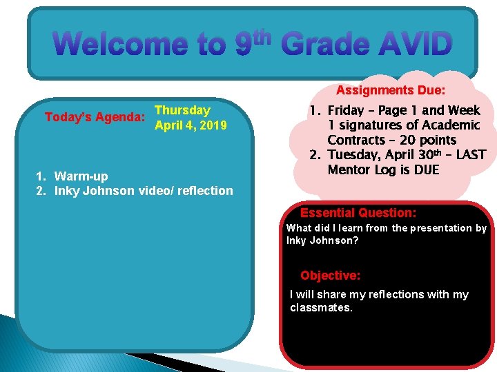 Welcome to th 9 Grade AVID Assignments Due: Today’s Agenda: Thursday April 4, 2019