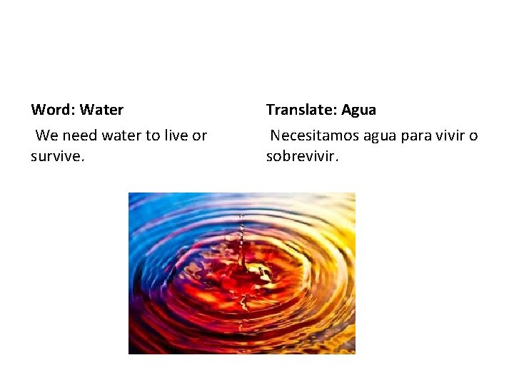 Word: Water Translate: Agua We need water to live or survive. Necesitamos agua para