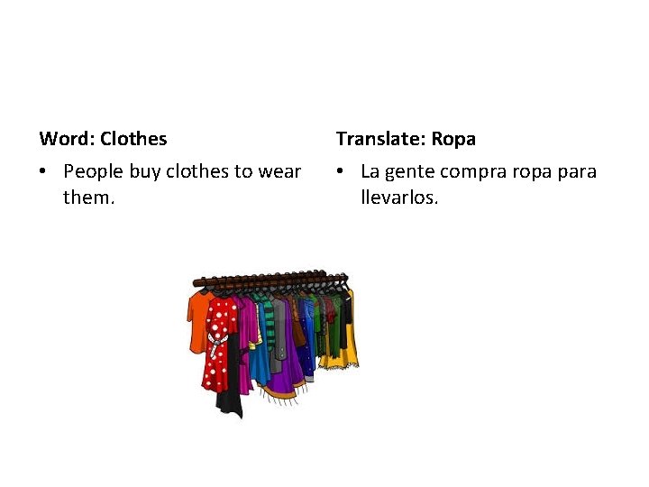 Word: Clothes Translate: Ropa • People buy clothes to wear them. • La gente