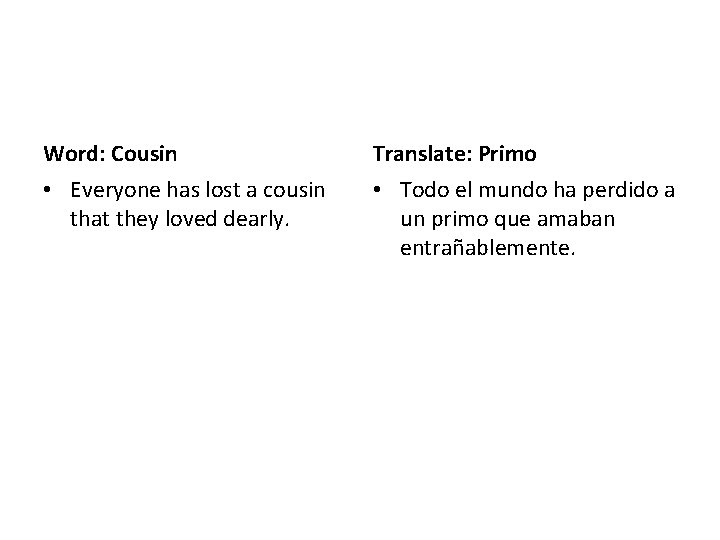 Word: Cousin Translate: Primo • Everyone has lost a cousin that they loved dearly.