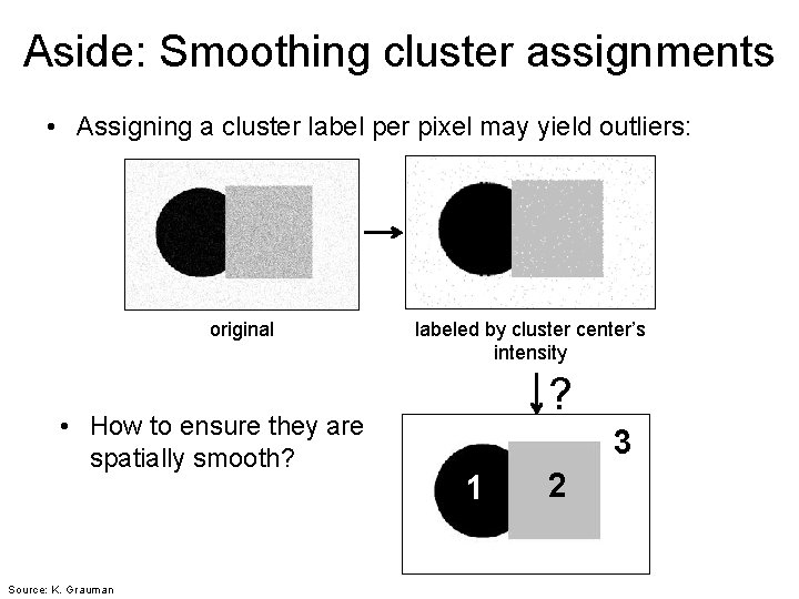 Aside: Smoothing cluster assignments • Assigning a cluster label per pixel may yield outliers: