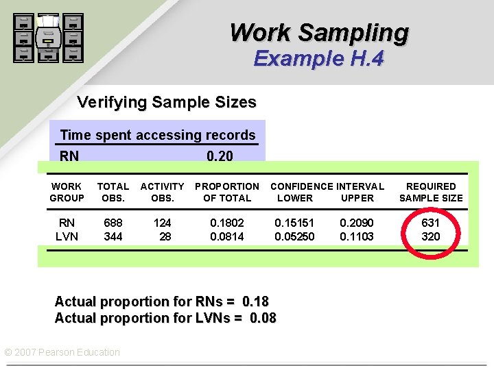 Work Sampling Example H. 4 Verifying Sample Sizes Time spent accessing records RN 0.