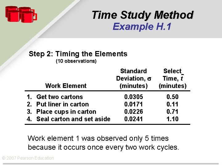 Time Study Method Example H. 1 Step 2: Timing the Elements (10 observations) Work