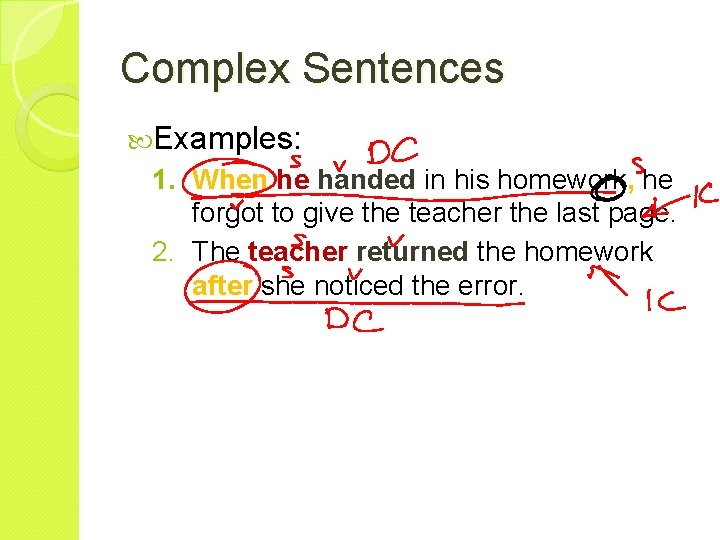 Complex Sentences Examples: 1. When he handed in his homework, he forgot to give