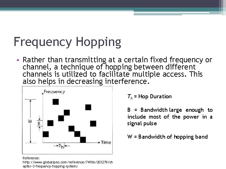 Frequency Hopping • Rather than transmitting at a certain fixed frequency or channel, a