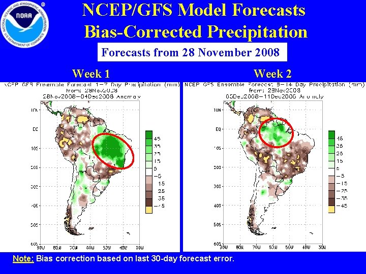 NCEP/GFS Model Forecasts Bias-Corrected Precipitation Forecasts from 28 November 2008 Week 1 Note: Bias NCEP/GFS Model Forecasts Bias-Corrected Precipitation Forecasts from 28 November 2008 Week 1 Note: Bias