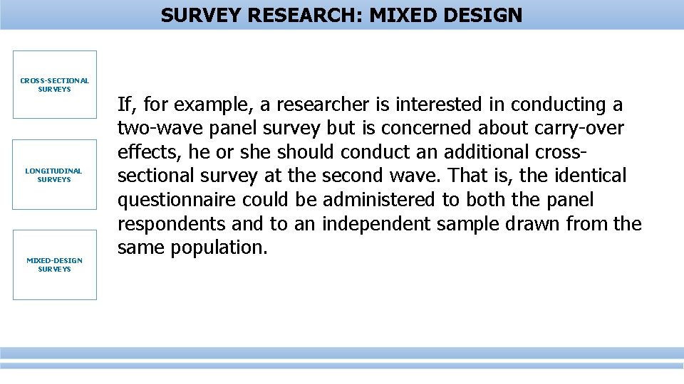 SURVEY RESEARCH: MIXED DESIGN CROSS-SECTIONAL SURVEYS LONGITUDINAL SURVEYS MIXED-DESIGN SURVEYS If, for example, a
