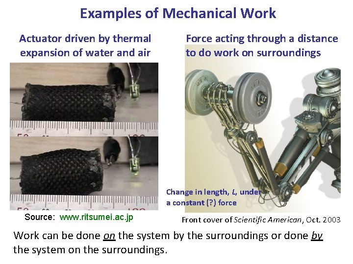 Examples of Mechanical Work Actuator driven by thermal expansion of water and air Force