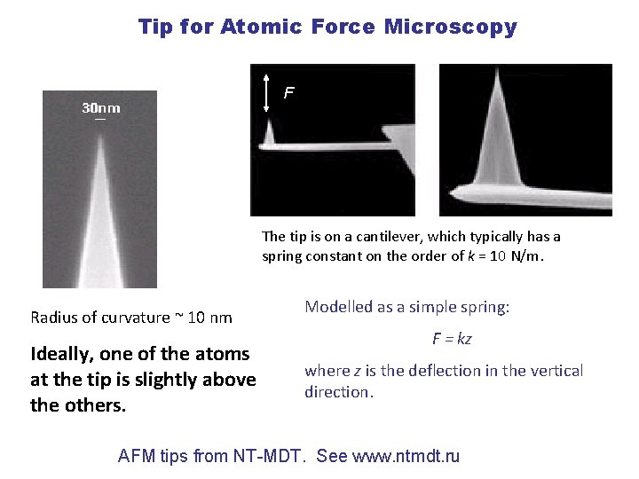 Tip for Atomic Force Microscopy F The tip is on a cantilever, which typically