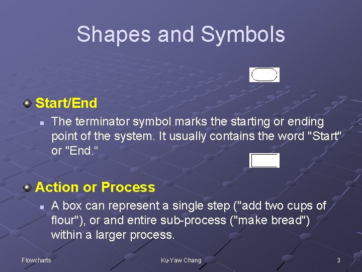 Shapes and Symbols Start/End n The terminator symbol marks the starting or ending point