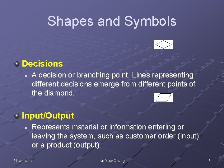 Shapes and Symbols Decisions n A decision or branching point. Lines representing different decisions