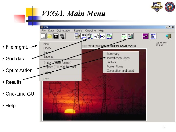 VEGA: Main Menu • File mgmt. • Grid data • Optimization • Results • VEGA: Main Menu • File mgmt. • Grid data • Optimization • Results •