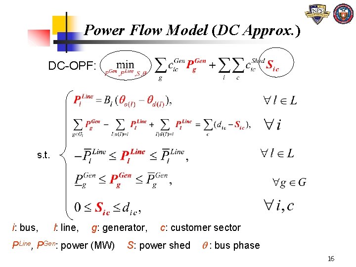 Power Flow Model (DC Approx. ) DC-OPF: s. t. i: bus, l: line, g: Power Flow Model (DC Approx. ) DC-OPF: s. t. i: bus, l: line, g:
