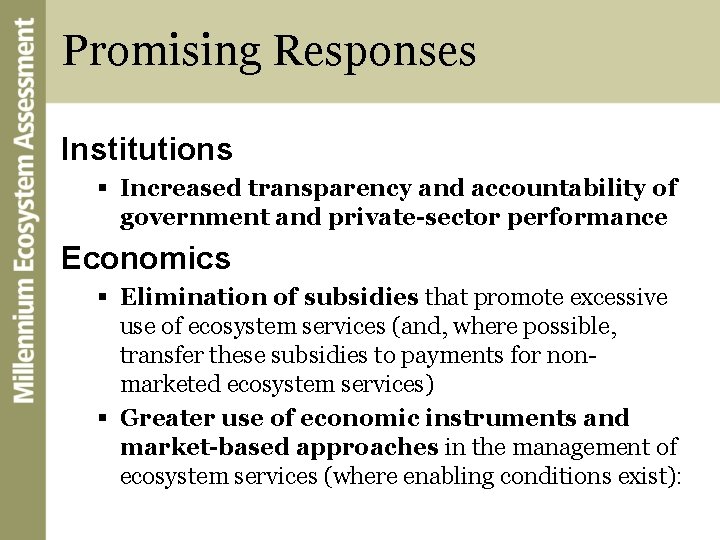 Promising Responses Institutions § Increased transparency and accountability of government and private-sector performance Economics