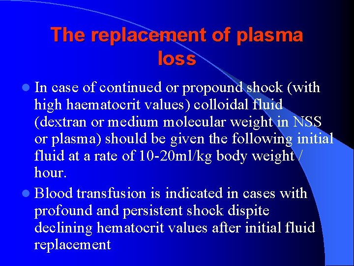 The replacement of plasma loss l In case of continued or propound shock (with