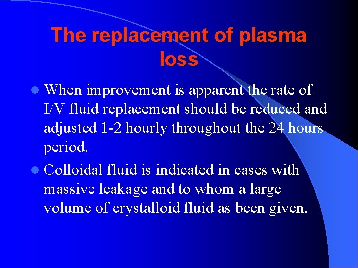 The replacement of plasma loss l When improvement is apparent the rate of I/V