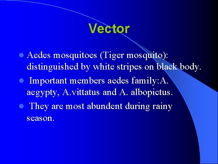 Vector l Aedes mosquitoes (Tiger mosquito): distinguished by white stripes on black body. l