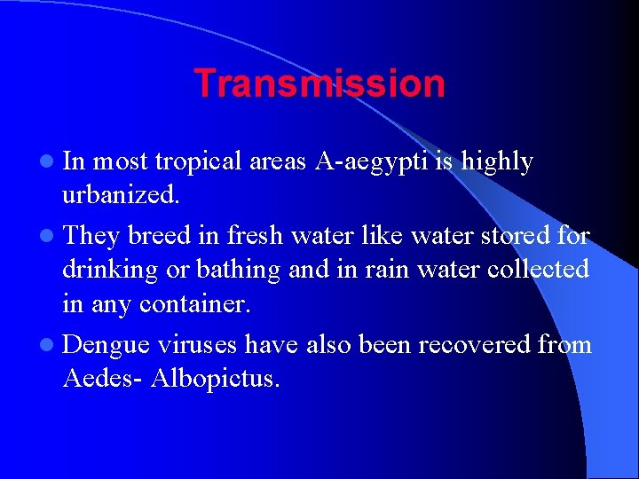 Transmission l In most tropical areas A-aegypti is highly urbanized. l They breed in