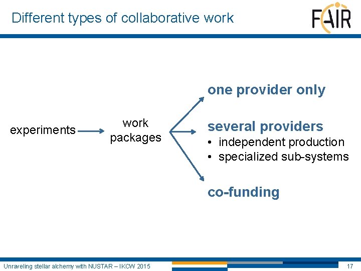 Different types of collaborative work one provider only experiments work packages several providers •