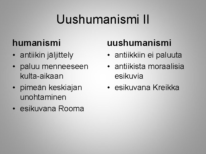 Uushumanismi II humanismi uushumanismi • antiikin jäljittely • paluu menneeseen kulta-aikaan • pimeän keskiajan