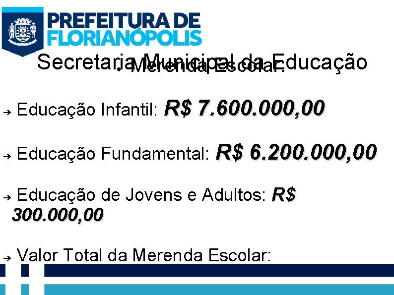 Secretaria Municipal da Educação ● Merenda Escolar: ➔ ➔ Educação Infantil: R$ 7. 600.