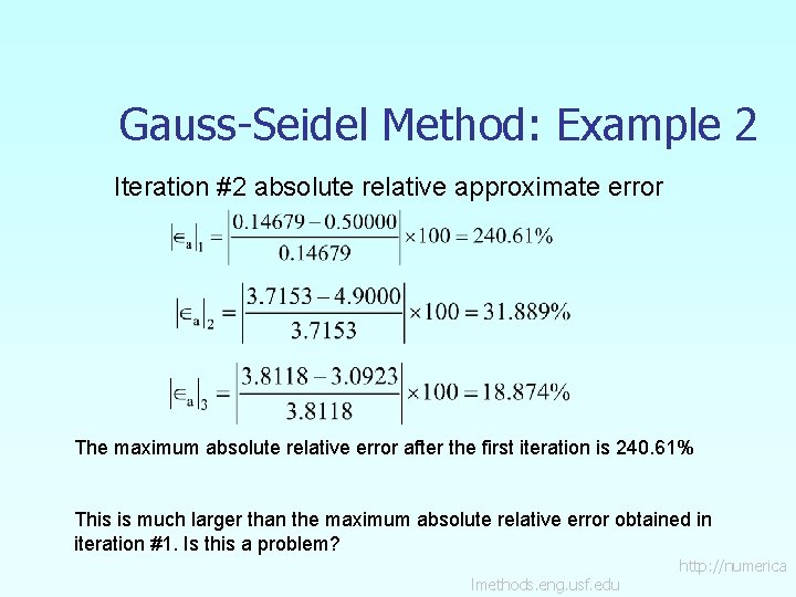 Gauss-Seidel Method: Example 2 Iteration #2 absolute relative approximate error The maximum absolute relative