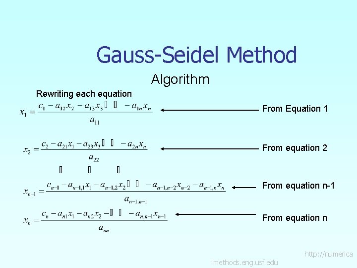 Gauss-Seidel Method Algorithm Rewriting each equation From Equation 1 From equation 2 From equation