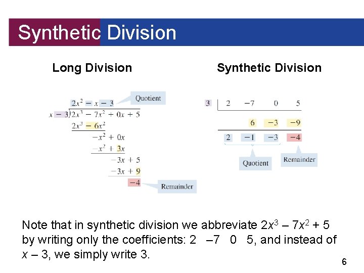 Synthetic Division Long Division Synthetic Division Note that in synthetic division we abbreviate 2