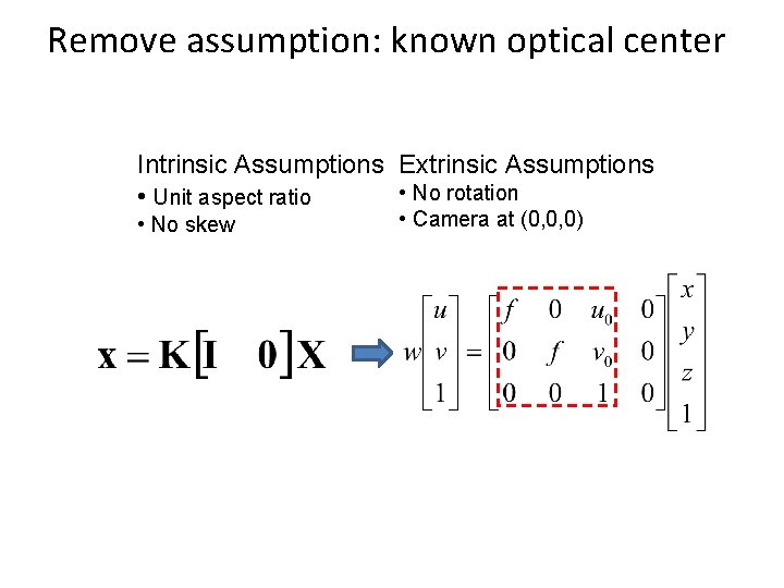 Remove assumption: known optical center Intrinsic Assumptions Extrinsic Assumptions • No rotation • Unit