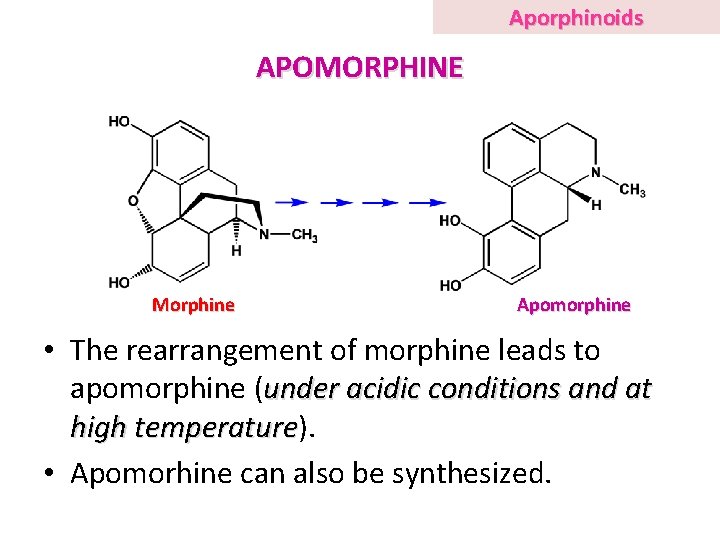 Aporphinoids APOMORPHINE Morphine Apomorphine • The rearrangement of morphine leads to apomorphine (under acidic