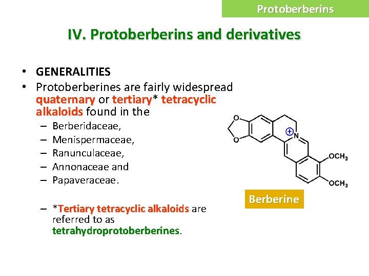 Protoberberins IV. Protoberberins and derivatives • GENERALITIES • Protoberberines are fairly widespread quaternary or