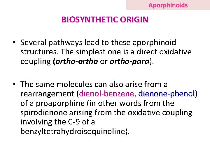 Aporphinoids BIOSYNTHETIC ORIGIN • Several pathways lead to these aporphinoid structures. The simplest one