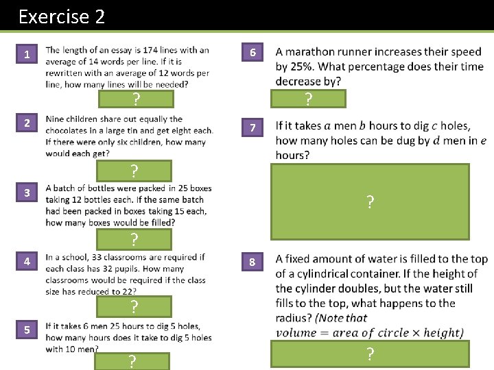 Exercise 2 6 1 ? ? 2 7 ? 3 ? ? 4 8