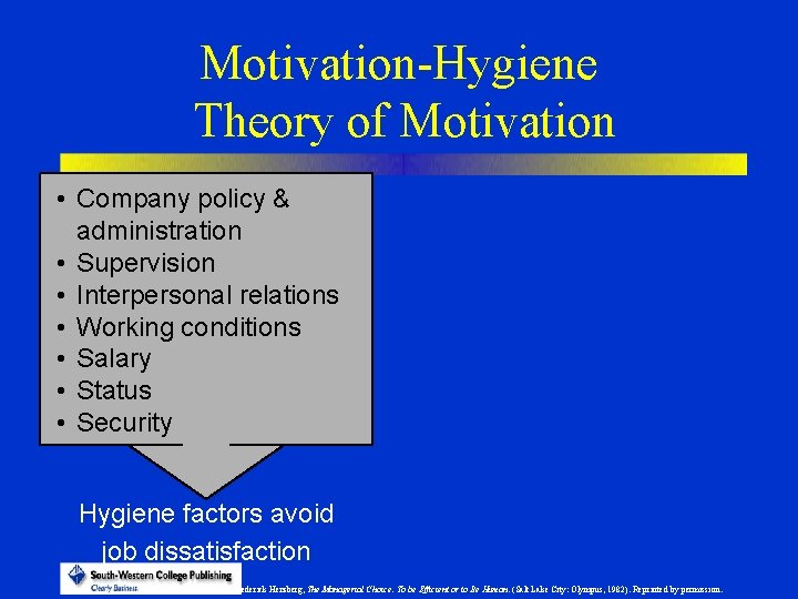 Motivation-Hygiene Theory of Motivation • • Company policy & Hygiene factors administration must •