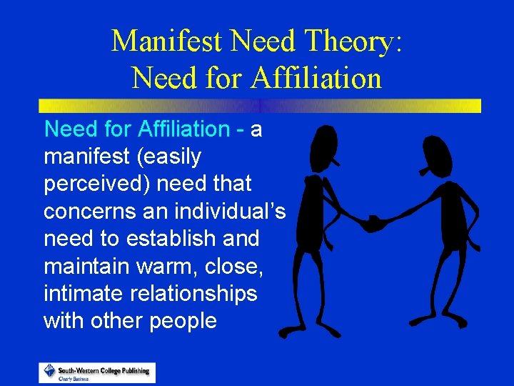 Manifest Need Theory: Need for Affiliation - a manifest (easily perceived) need that concerns